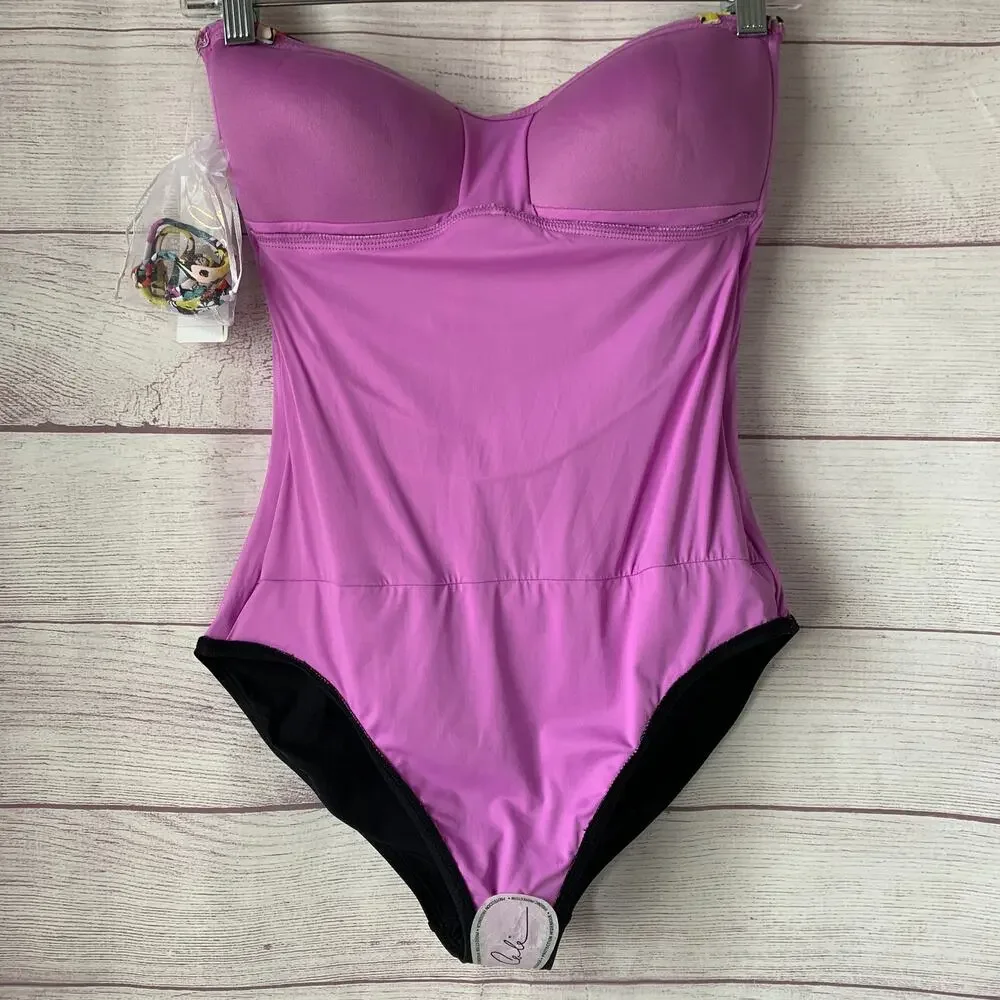 Anne Cole Black Colorful Floral Swimsuit Attachable Halter Strap Size 10